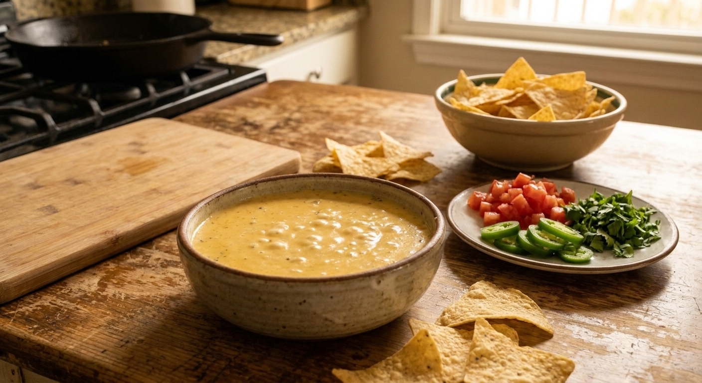 A bowl of warm queso dipping sauce on a wooden table surrounded by tortilla chips and a small plate of taco toppings