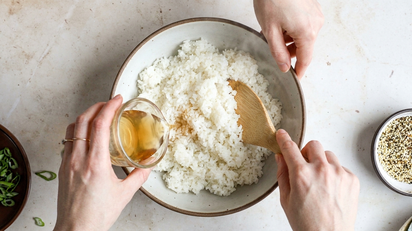 A bowl of warm sushi rice being mixed with a small stream of seasoned rice vinegar mixture using a rice paddle on a clean kitchen counter