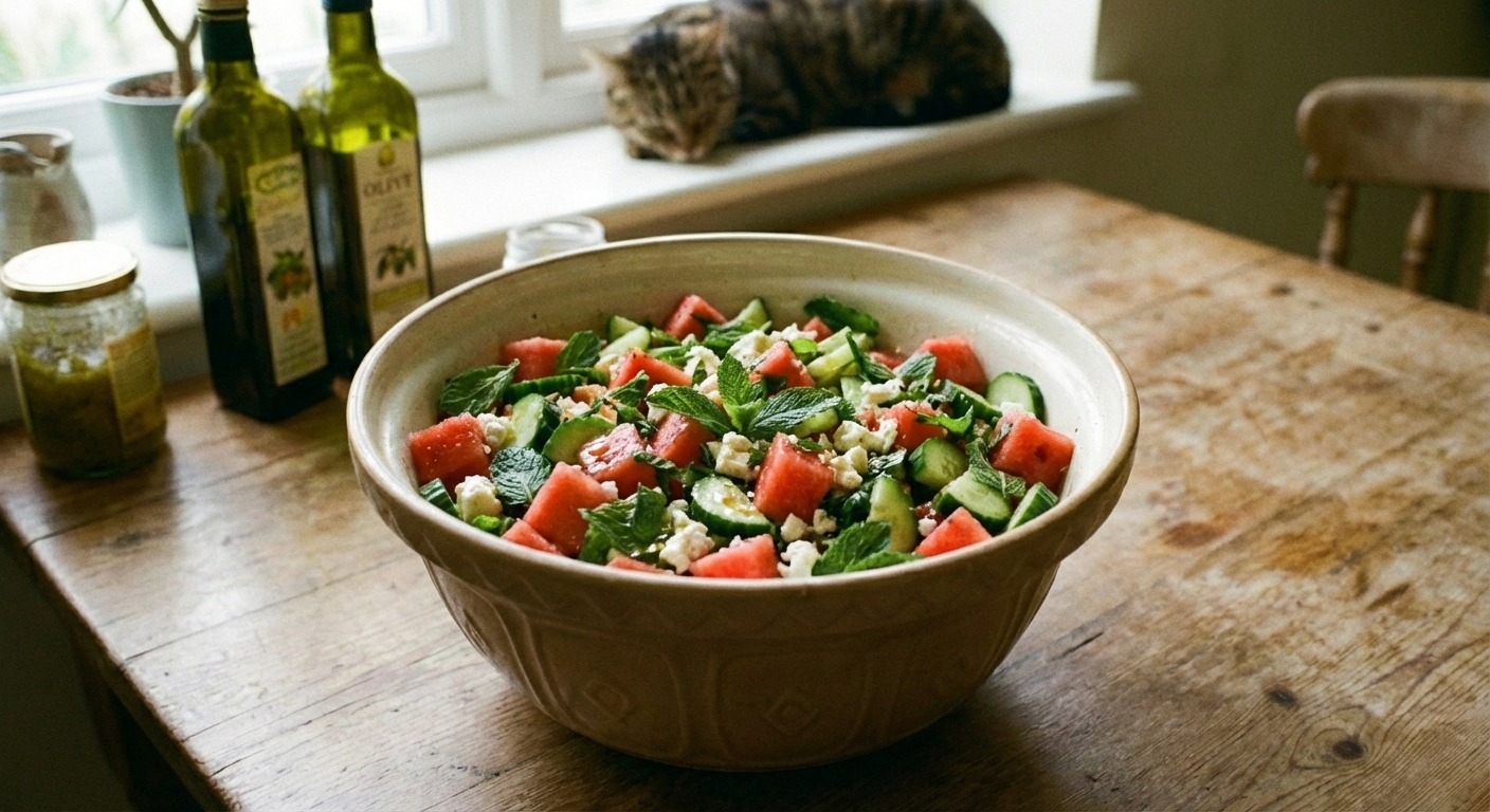 A bowl of watermelon and cucumber salad with mint