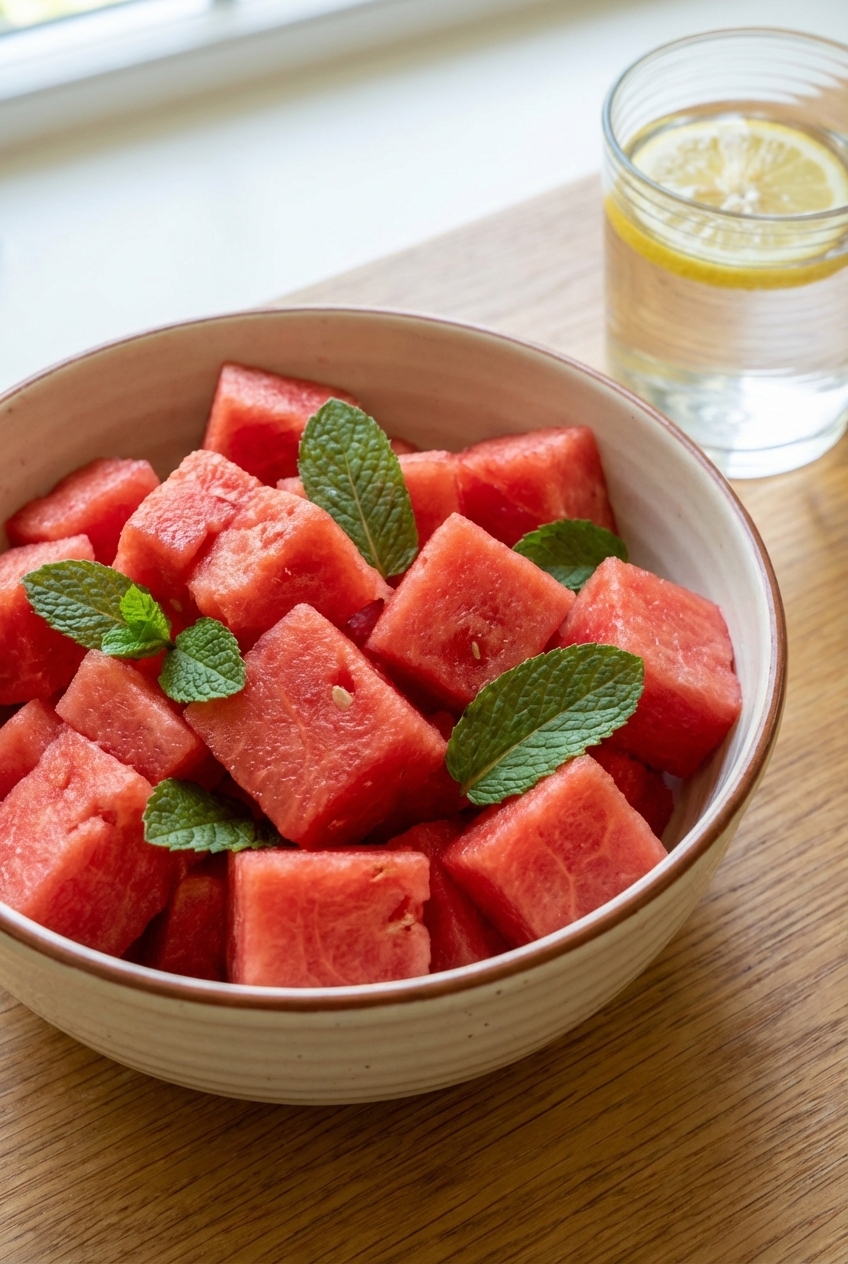 A bowl of watermelon cubes with mint leaves