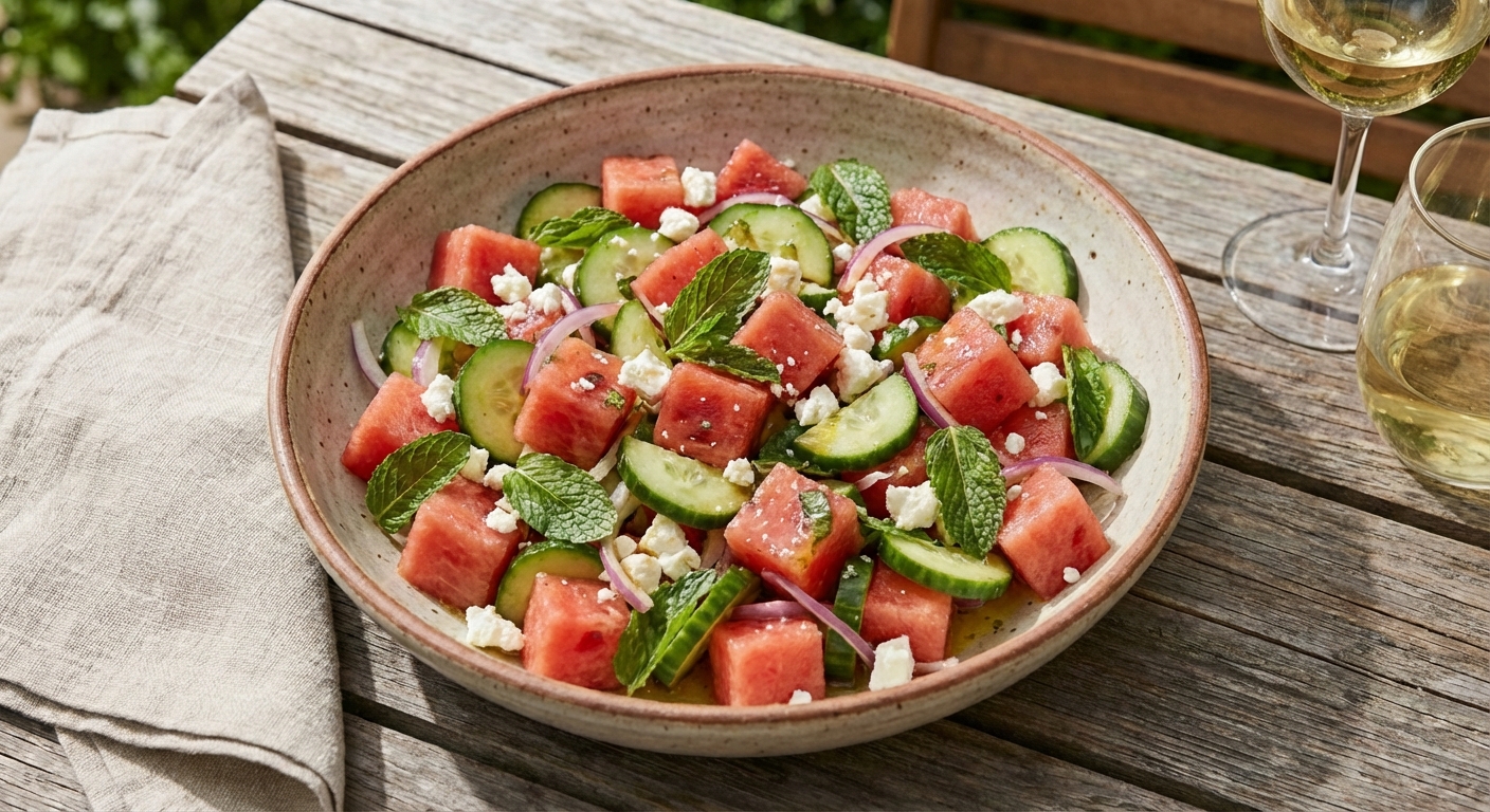 A bowl of watermelon cucumber salad with mint