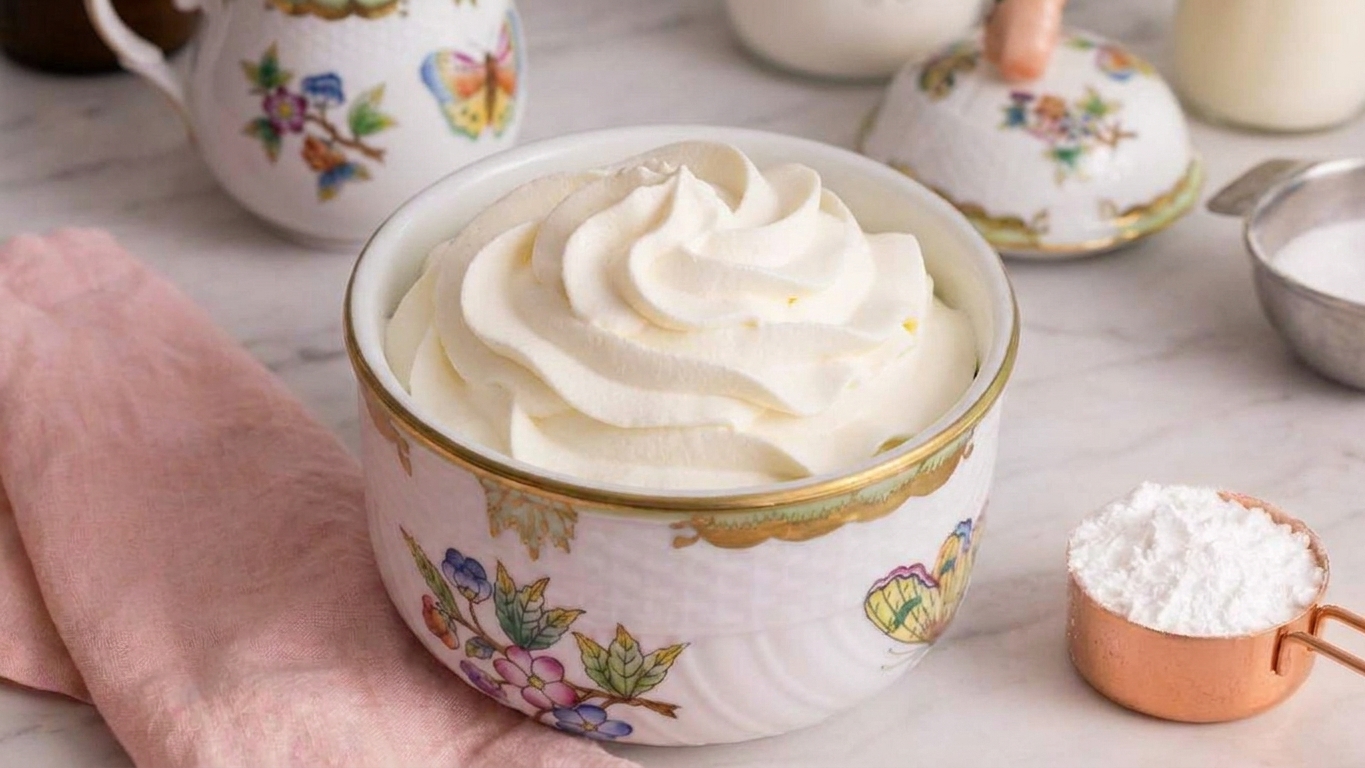 A bowl of whipped cream at soft peak stage with smooth, billowy swirls