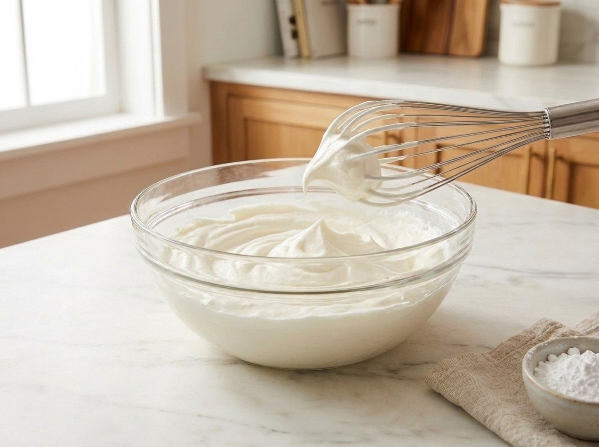 A bowl of whipped cream at soft peaks with a whisk lifted above it, showing gentle curves in the cream