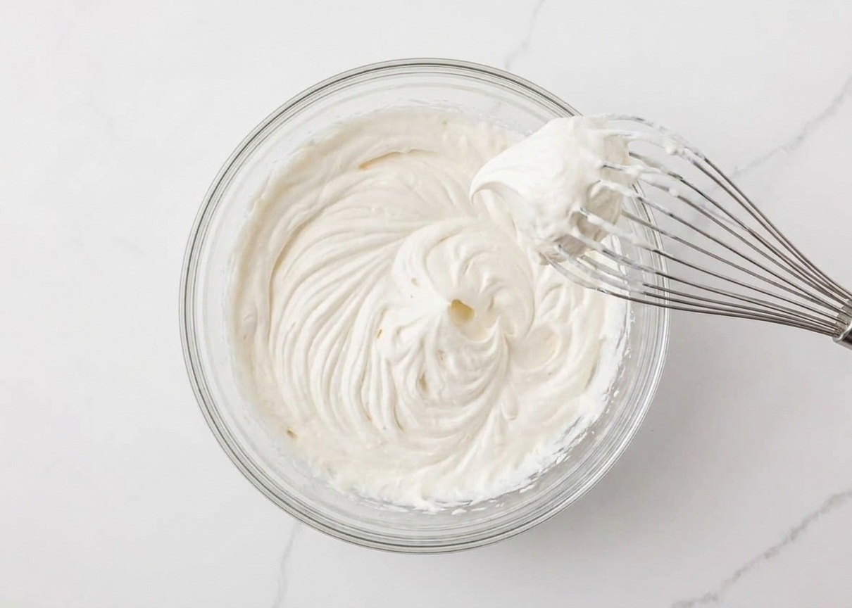 A bowl of whipped cream at stiff peaks with a whisk lifted above the bowl