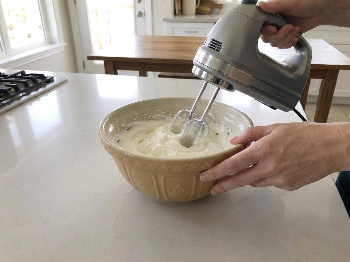 A bowl of whipped cream cheese topping being mixed with a hand mixer on a kitchen counter