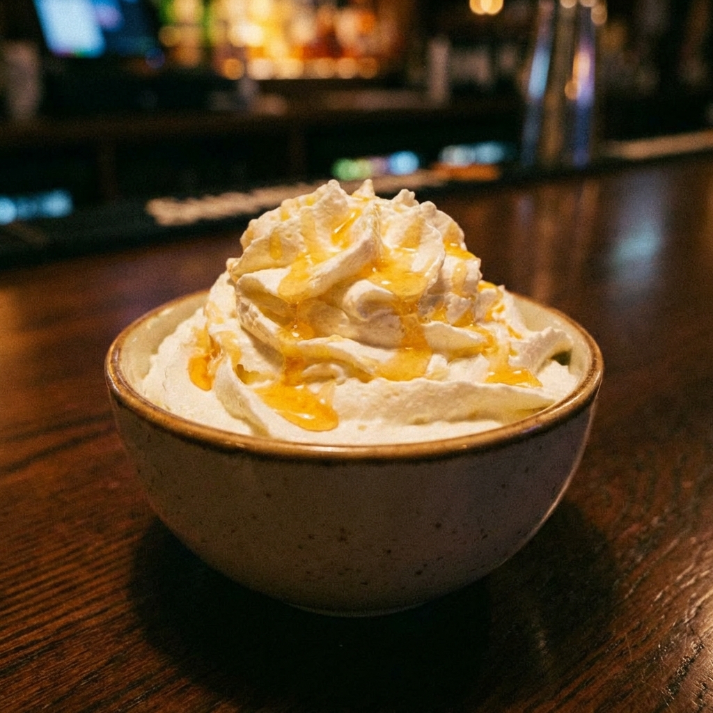 A bowl of whipped cream with a drizzle of honey