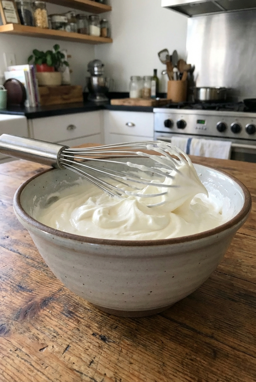 A bowl of whipped cream with a whisk resting inside