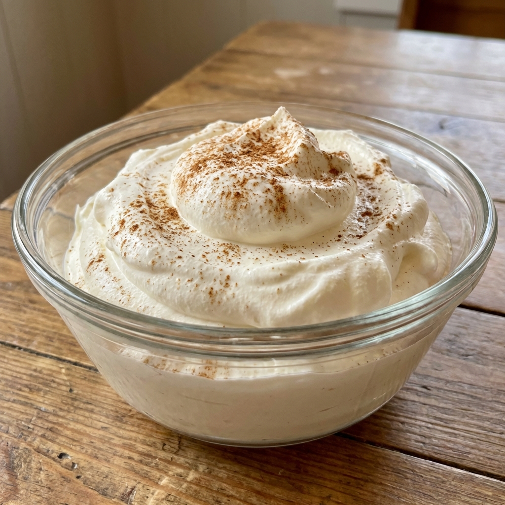 A bowl of whipped cream with cinnamon sprinkled on top