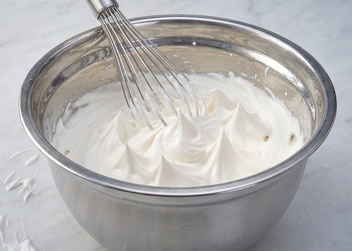 A bowl of whipped cream with stiff peaks that stand upright, ready for piping