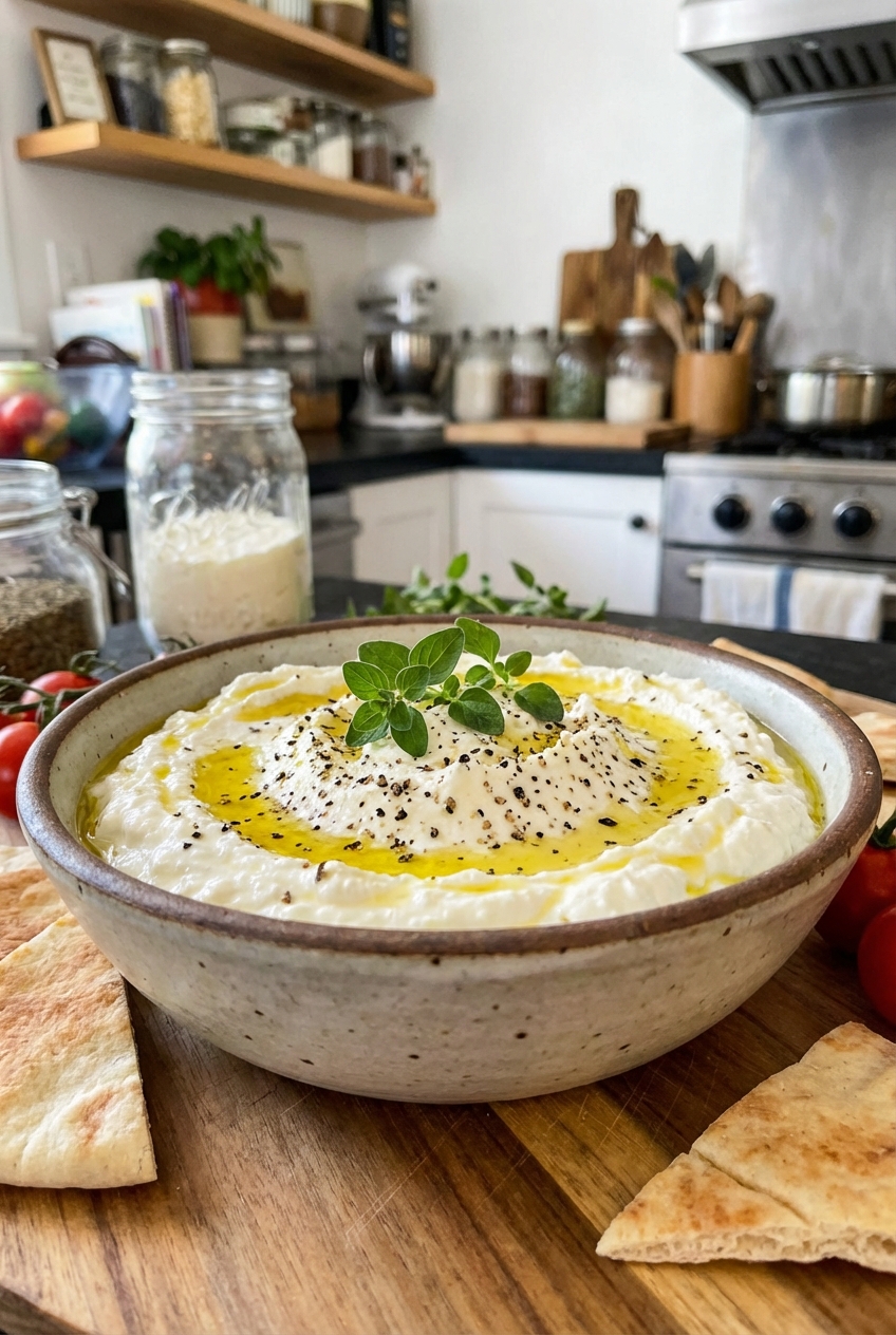 A bowl of whipped feta dip with olive oil and cracked pepper