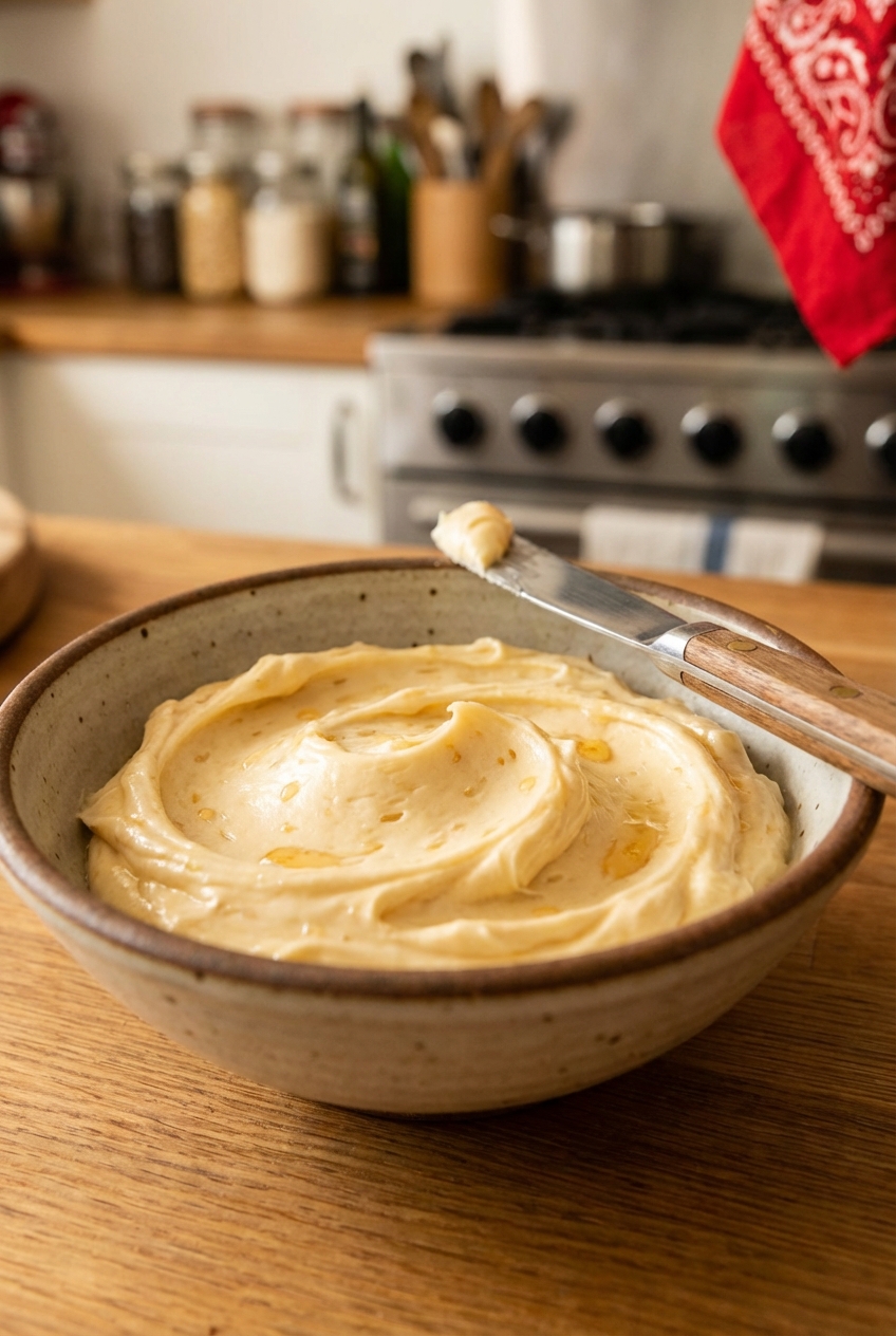 A bowl of whipped honey butter with a butter knife resting beside it