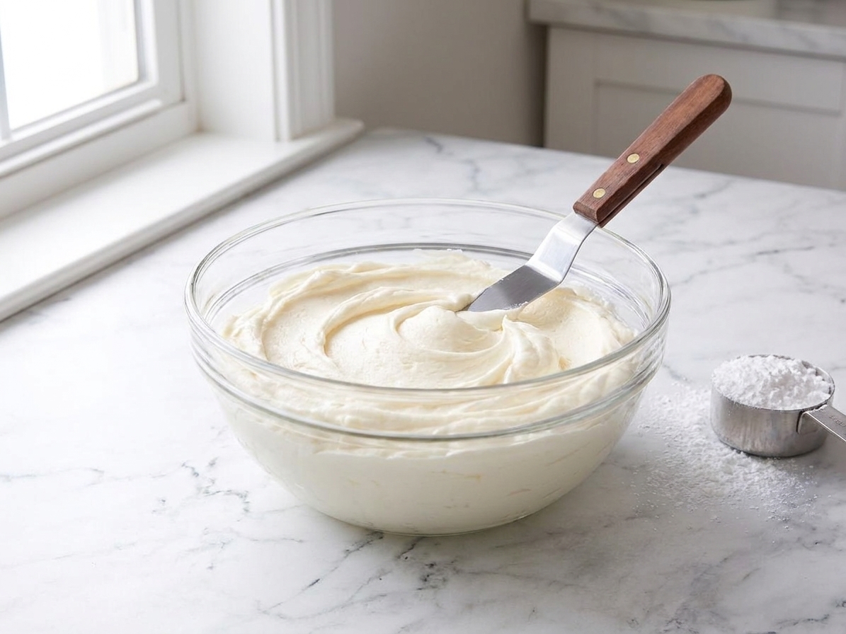 A bowl of whipped vanilla buttercream frosting with a spatula, sitting on a kitchen counter near powdered sugar