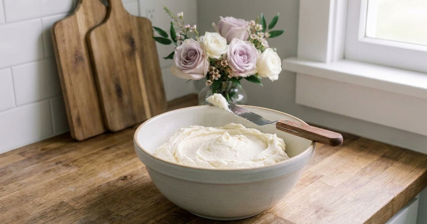A bowl of whipped vanilla buttercream with an offset spatula resting on the rim