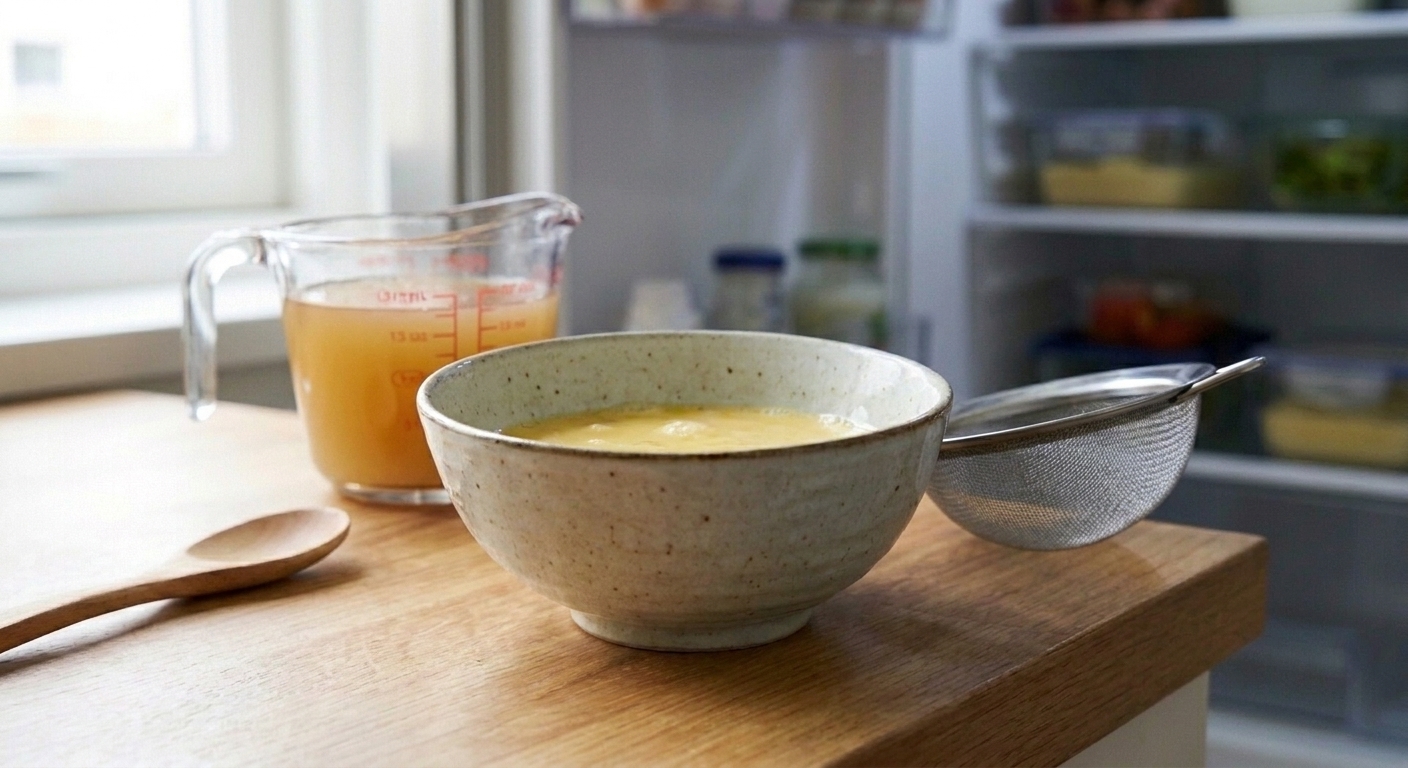 A bowl of whisked eggs next to a measuring cup of warm broth and a fine-mesh strainer on a kitchen counter