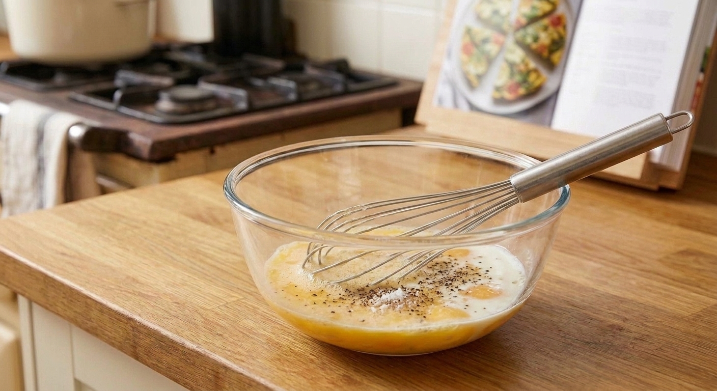 A bowl of whisked eggs with milk, salt, and pepper beside a whisk