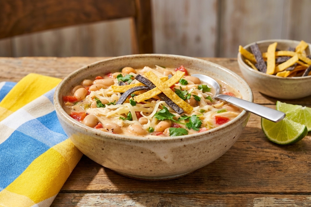 A bowl of white bean and chicken chili topped with shredded cheese, cilantro, and tortilla chips on a rustic table setting.