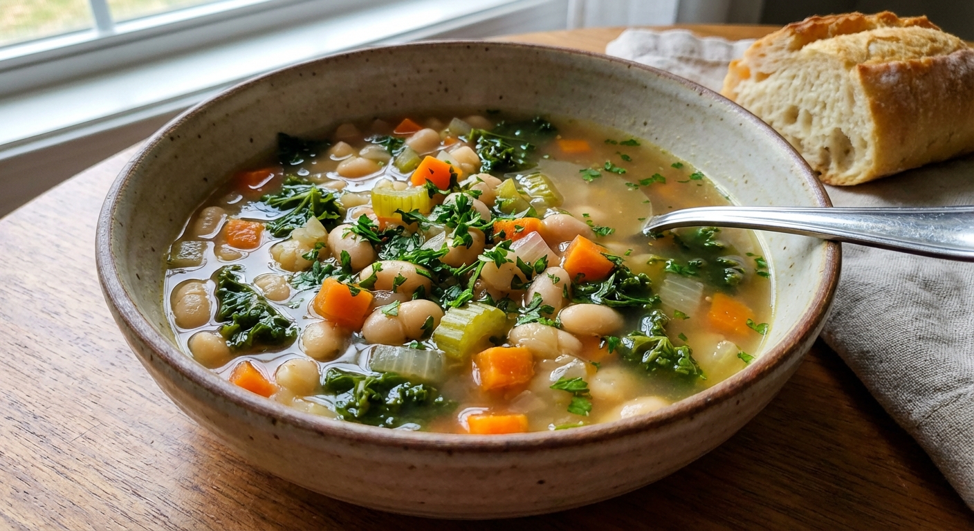 A bowl of white bean and vegetable soup with parsley
