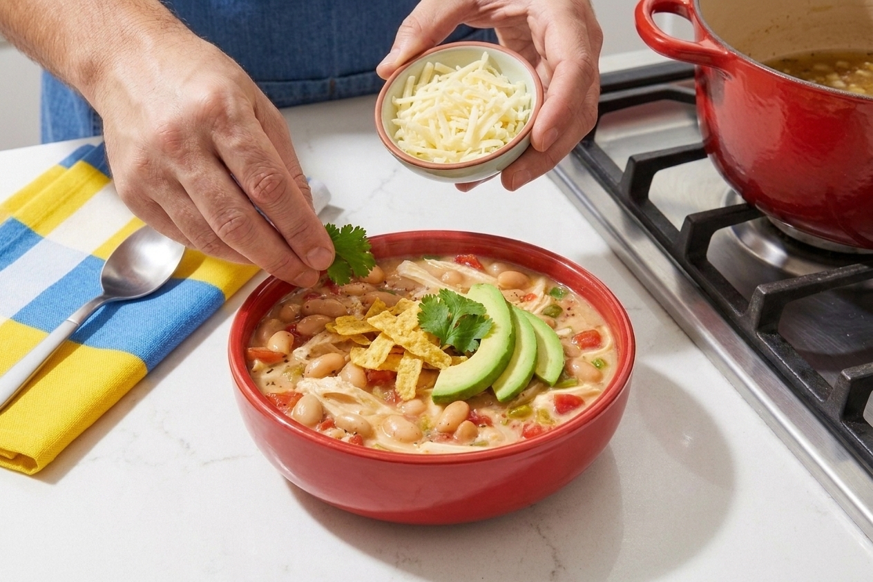 A bowl of white bean chicken chili being topped with shredded cheese, avocado slices, cilantro, and crushed tortilla chips on a kitchen counter