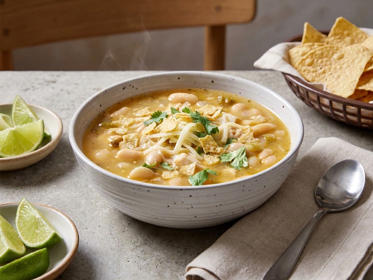 A bowl of white bean chicken chili topped with shredded cheese, cilantro, and tortilla chips on a neatly set dinner table