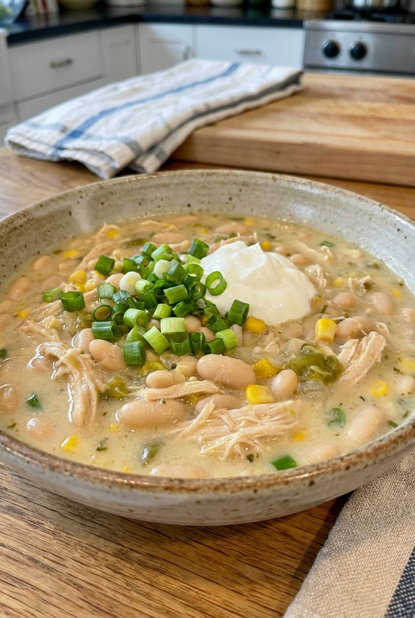 A bowl of white bean chili with green onions on top