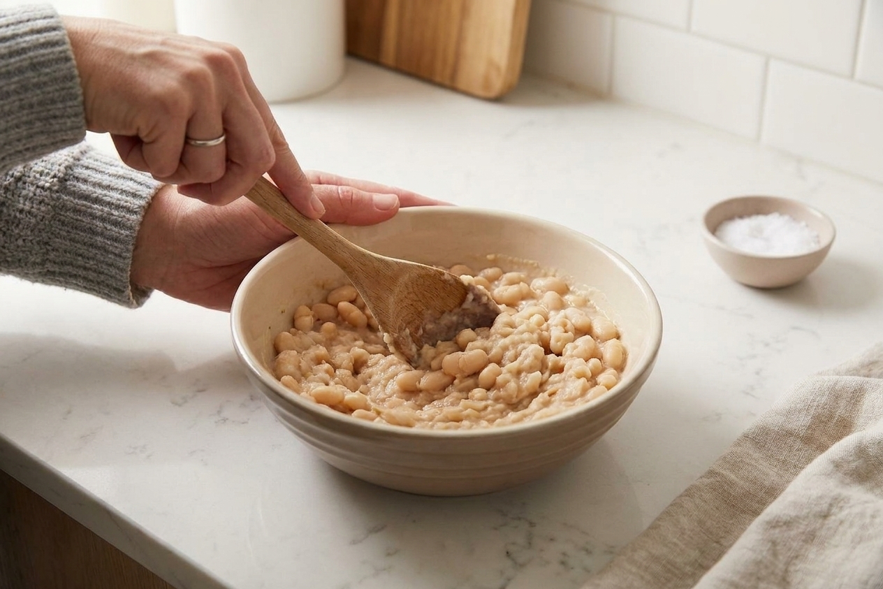 A bowl of white beans being mashed with a spoon to create a creamy paste on a kitchen counter