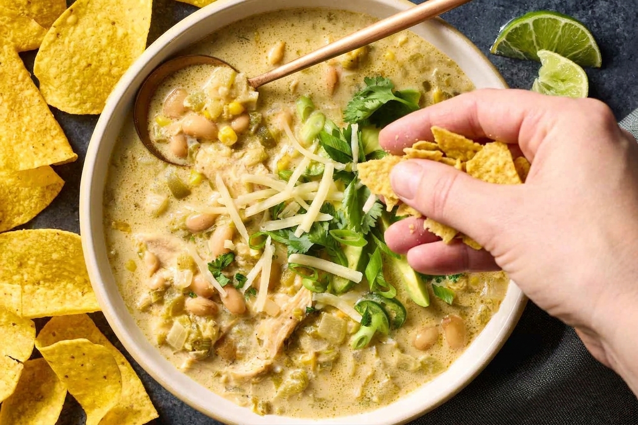 A bowl of white chicken chili being topped with shredded cheese, cilantro, and crushed tortilla chips on a kitchen counter