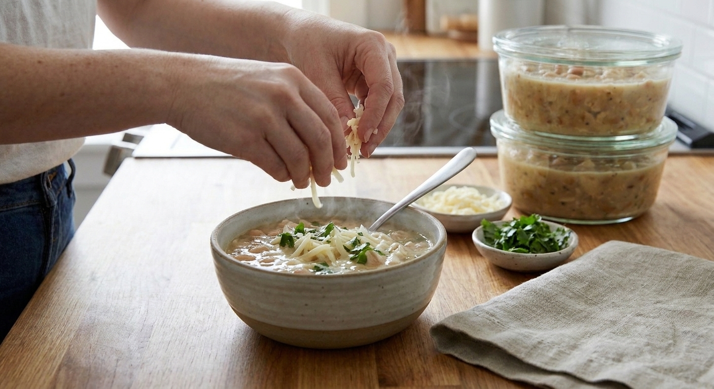 A bowl of white chicken chili being topped with shredded cheese and cilantro on a kitchen counter
