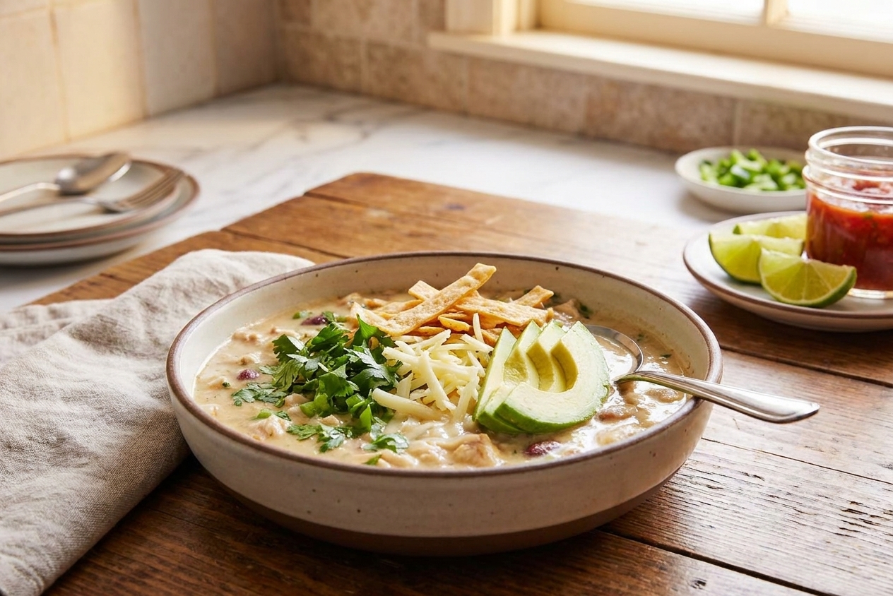 A bowl of white chicken chili topped with cilantro, shredded cheese, avocado slices, and tortilla strips on a dinner table