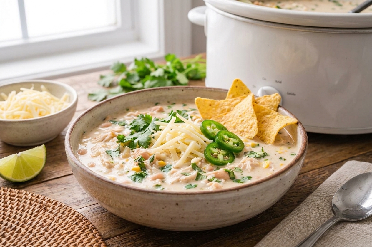 A bowl of white chicken chili topped with shredded cheese, cilantro, jalapeno slices, and tortilla chips on a rustic table setting