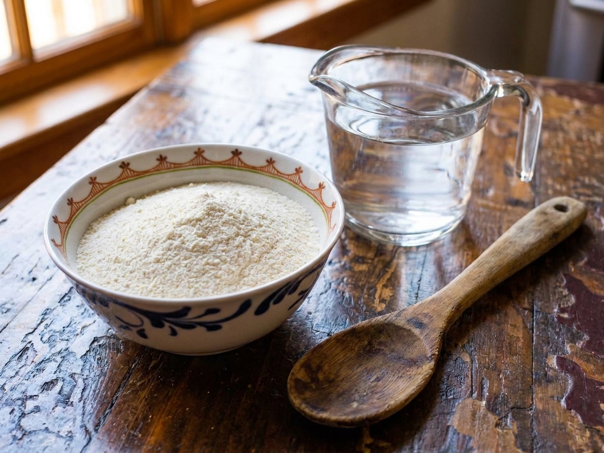 A bowl of white maize flour (cornmeal) and a measuring cup of water on a clean kitchen counter next to a wooden spoon