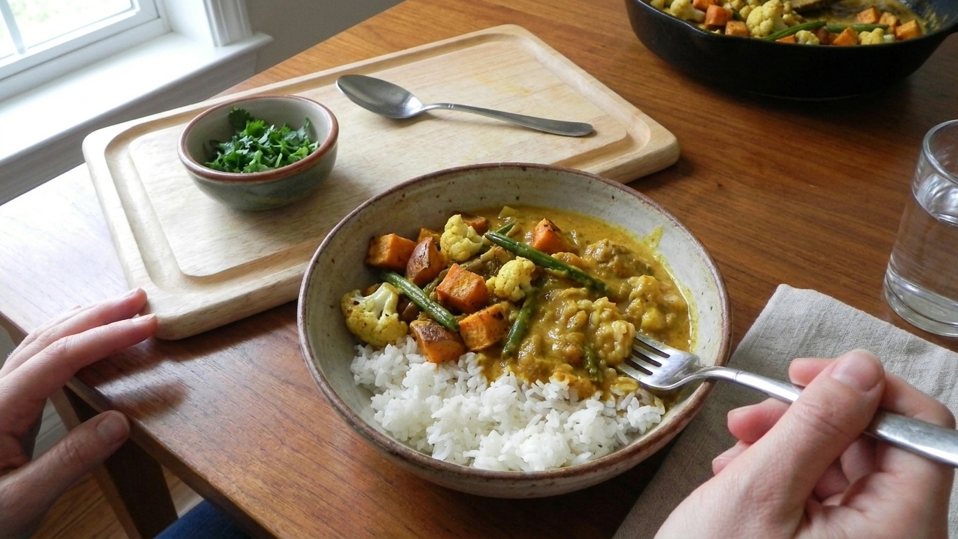 A bowl of white rice topped with golden curry sauce and roasted vegetables on a simple dinner table setting
