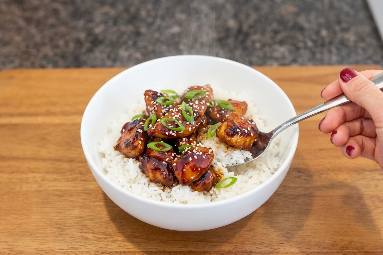 A bowl of white rice topped with sticky glazed chicken, sliced green onions, and sesame seeds on a simple dining table setting
