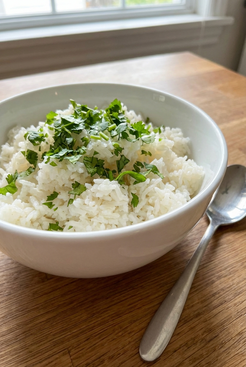 A bowl of white rice with chopped cilantro on top and a spoon beside it