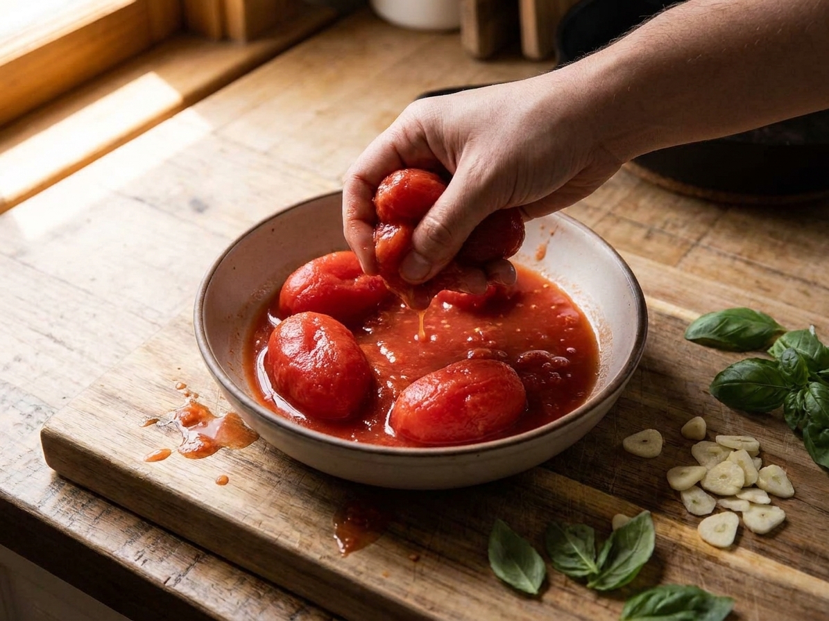 A bowl of whole peeled tomatoes being crushed by hand with tomato juices pooling, set on a cutting board beside sliced garlic and basil