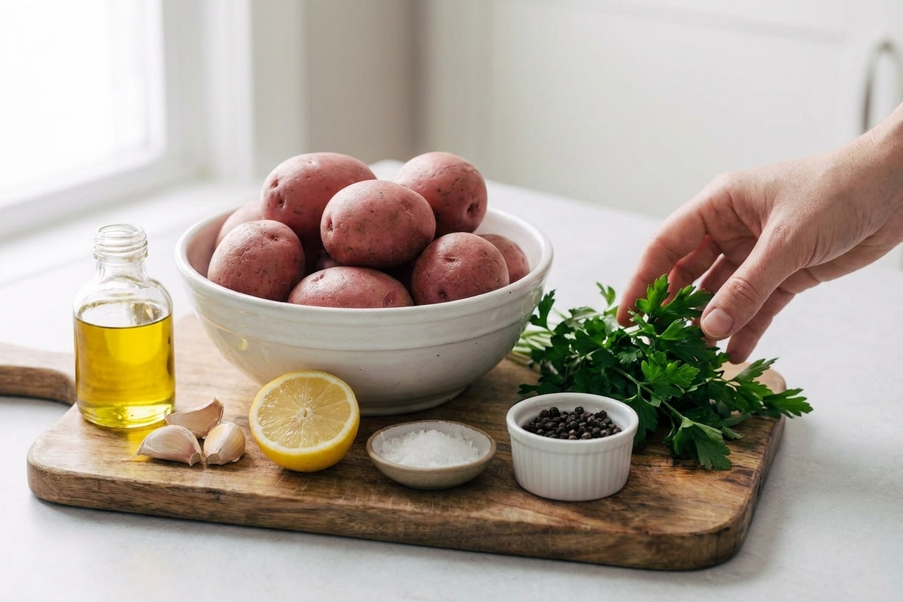 A bowl of whole scarlet potatoes beside olive oil, garlic cloves, lemon, kosher salt, black pepper, and fresh parsley on a kitchen counter