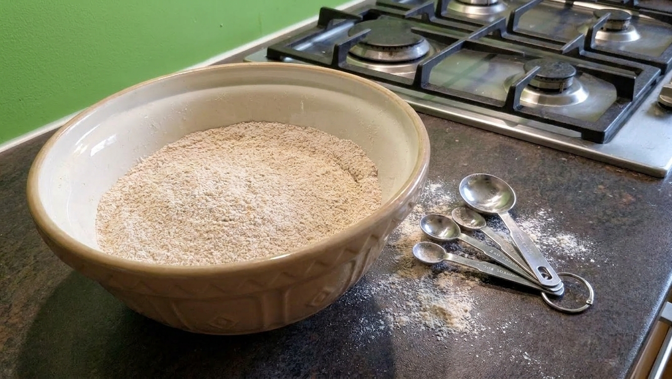 A bowl of whole wheat atta flour on a clean kitchen counter with measuring spoons nearby