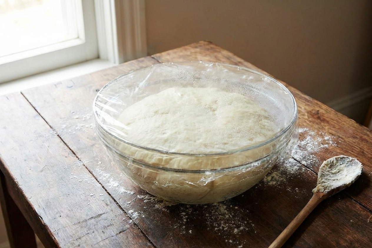 A bowl of yeast dough that has doubled in size, covered with slightly foggy plastic wrap on a kitchen counter