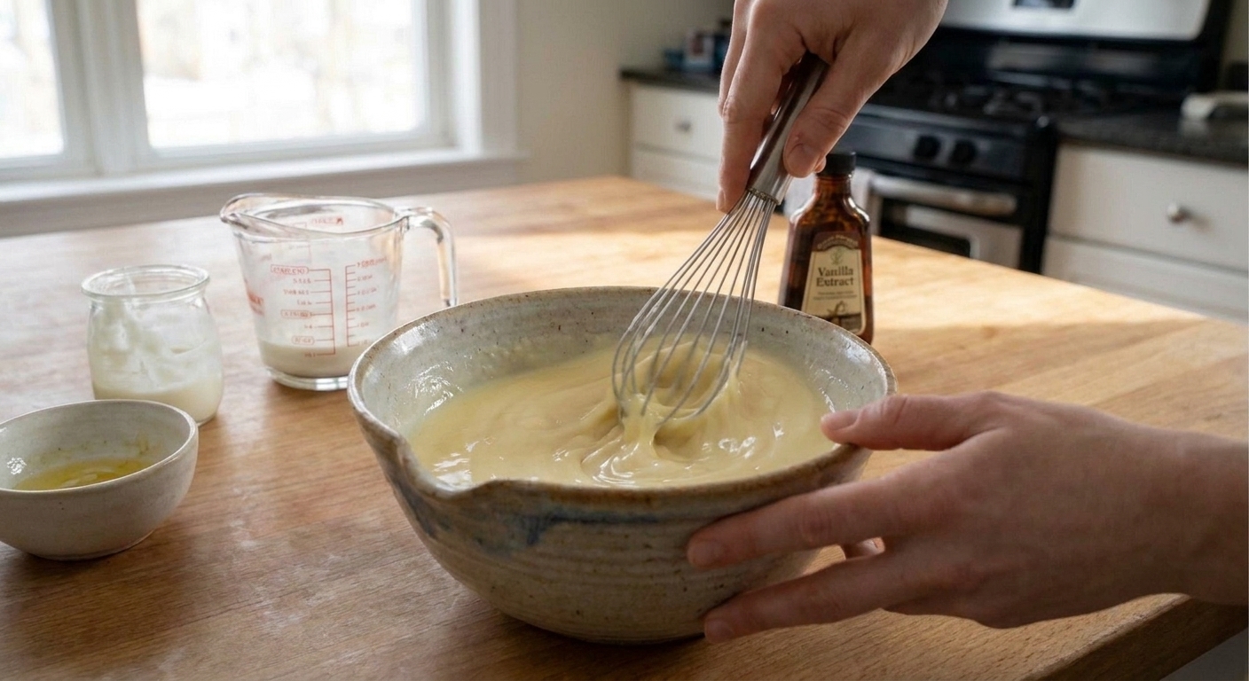 A bowl of yogurt, milk, oil, and vanilla being whisked until smooth on a kitchen counter