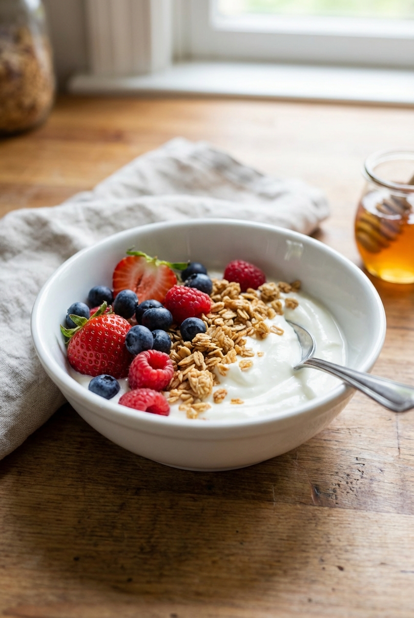 A bowl of yogurt topped with berries and granola