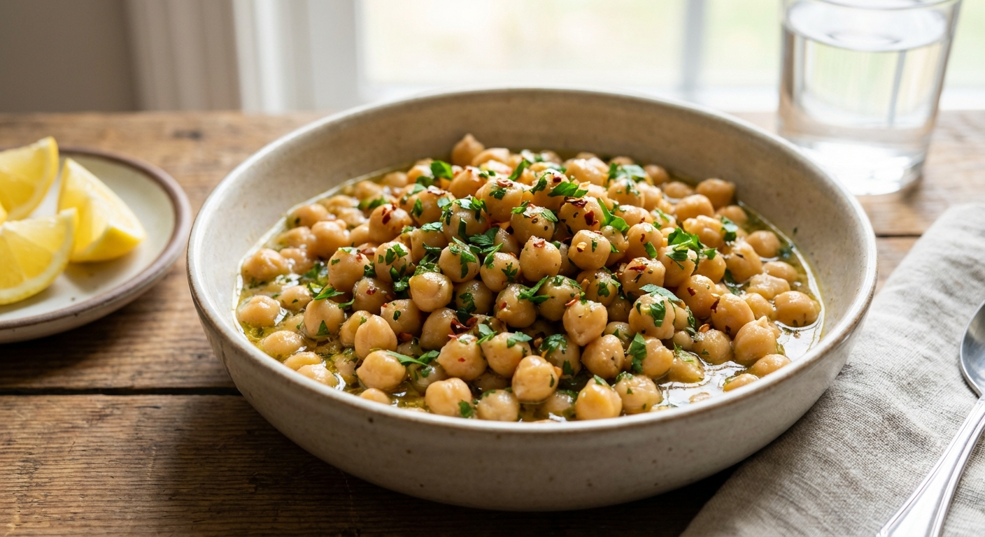 A bowl of zesty ceci beans with chickpeas in a glossy lemon herb sauce, topped with chopped parsley and red pepper flakes on a wooden table