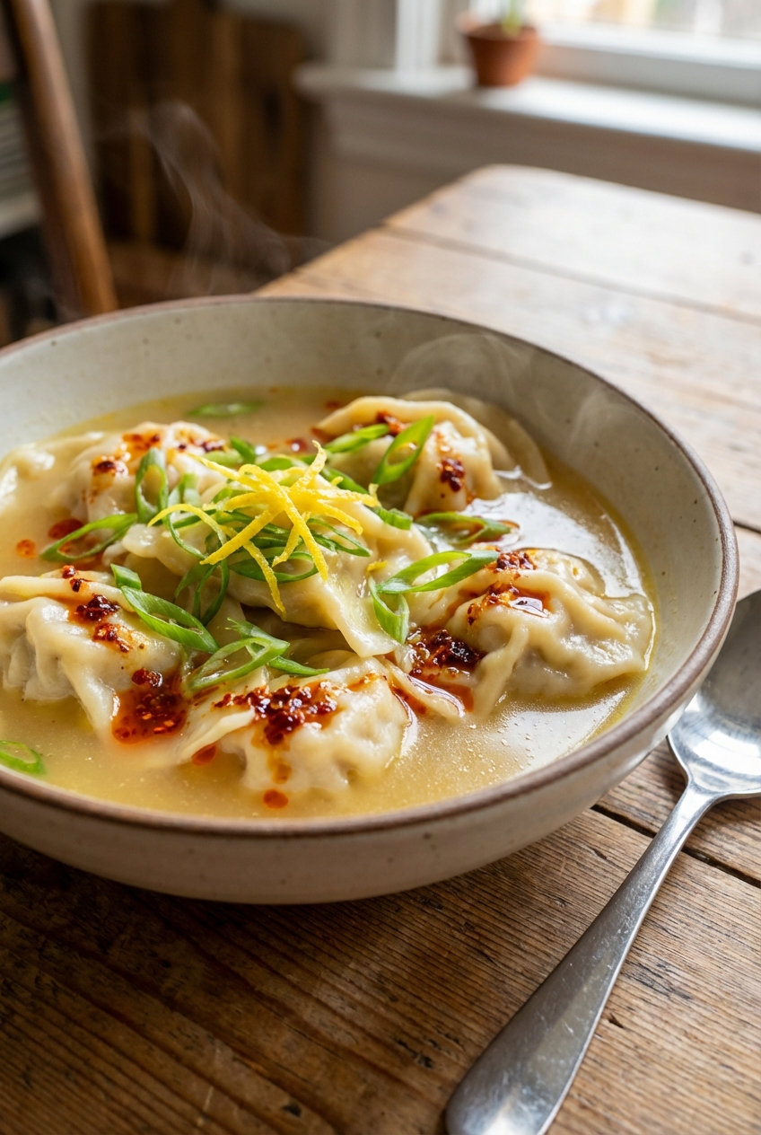 A bowl of zesty chicken dumplings in a light golden broth with sliced scallions, lemon zest, and chili oil on top, photographed on a wooden table with a spoon nearby