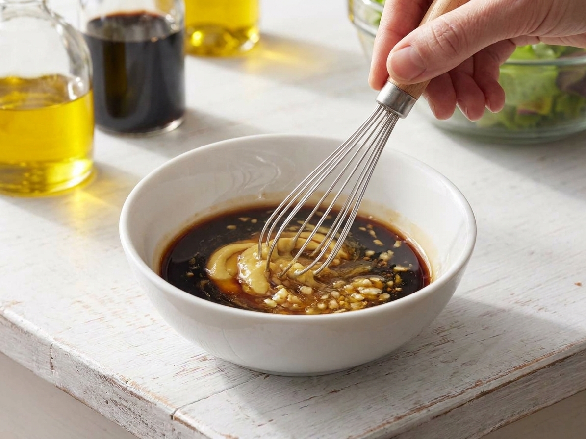 A bowl on a kitchen counter with balsamic vinegar, Dijon mustard, honey, and minced garlic being whisked together