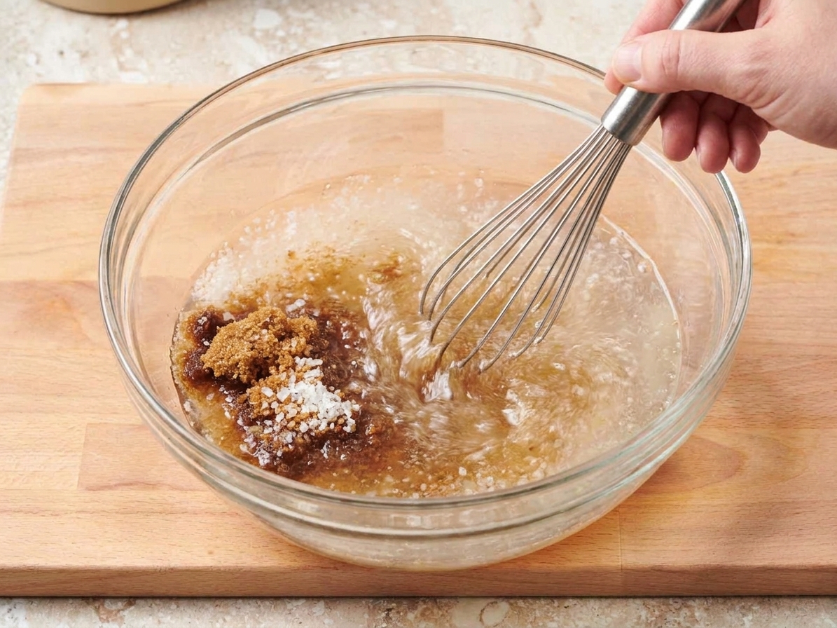A bowl on a kitchen counter with kosher salt and brown sugar being whisked into cold water to make brine