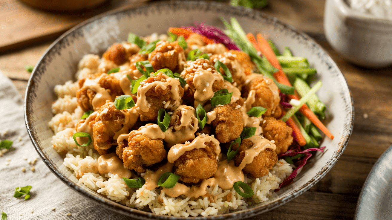 A bowl piled high with golden brown popcorn chicken with crisp craggy edges, served with a small ramekin of dipping sauce on a neutral kitchen counter