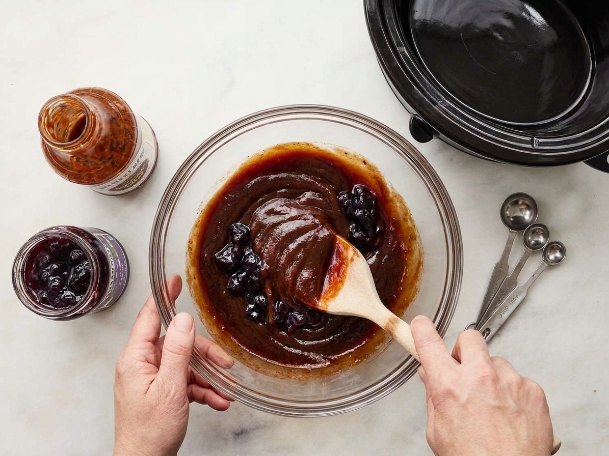A bowl with barbecue sauce and grape jelly being stirred together with a spoon on a kitchen counter
