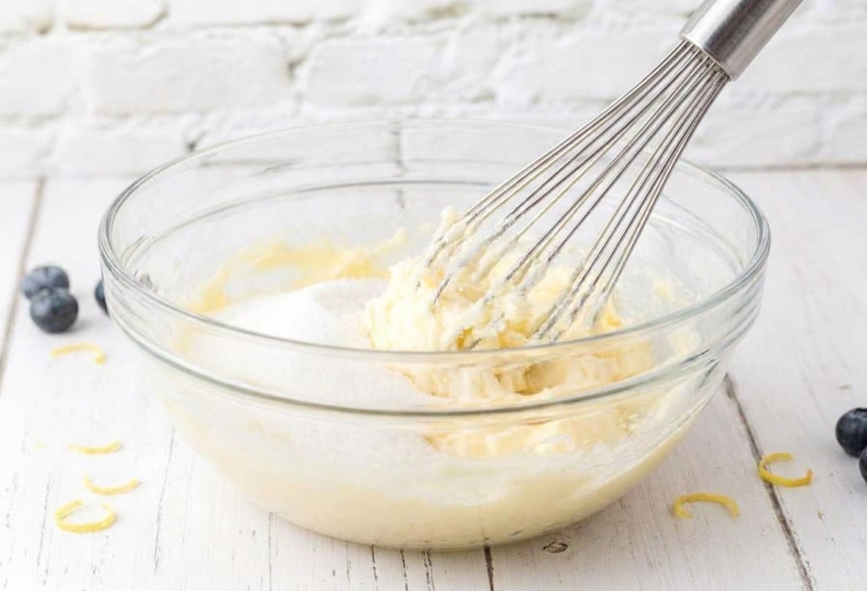 A bowl with butter and sugar being mixed with a whisk on a bright kitchen counter, ingredients slightly fluffy