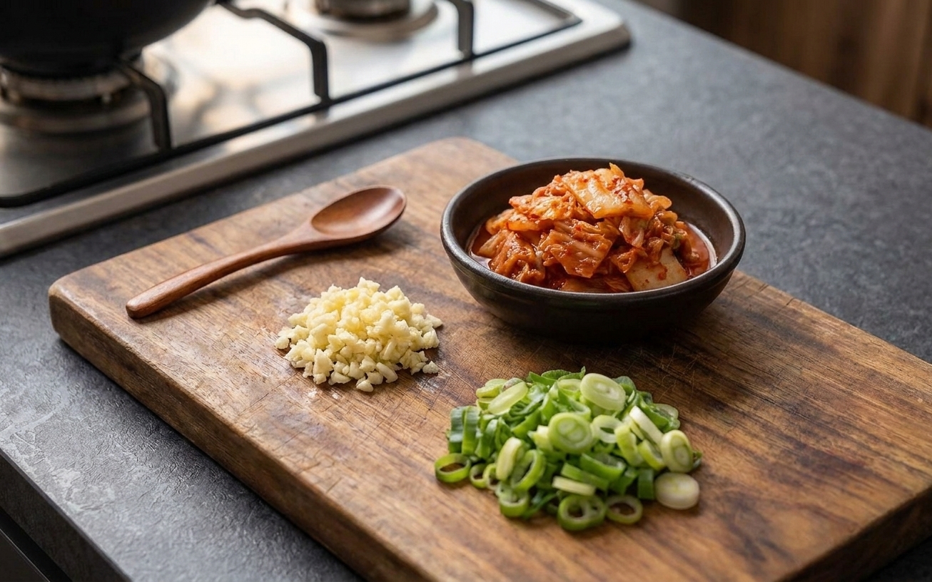 A bowl with chopped kimchi beside minced garlic and sliced scallions on a wooden cutting board in a home kitchen