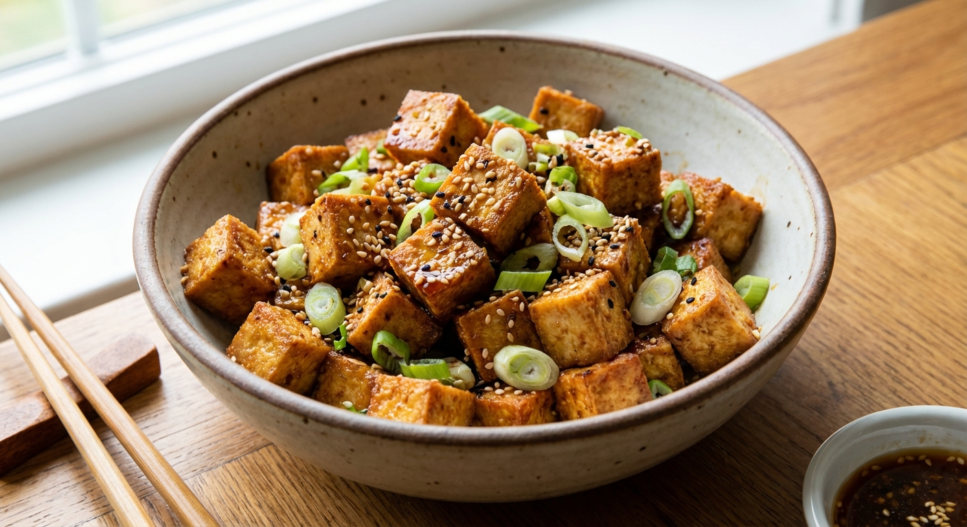 A bowl with crispy baked tofu cubes tossed with scallions and sesame seeds