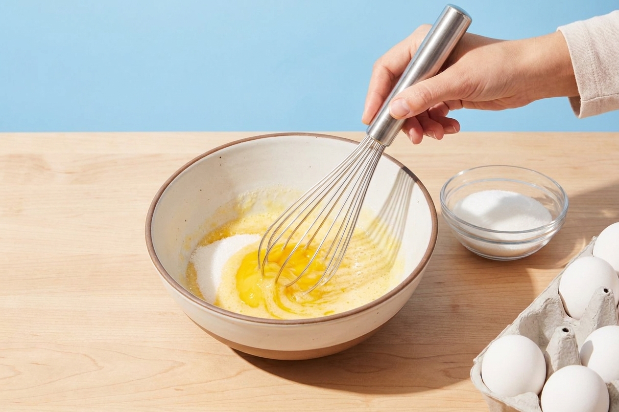 A bowl with egg yolks and sugar being whisked together on a kitchen counter