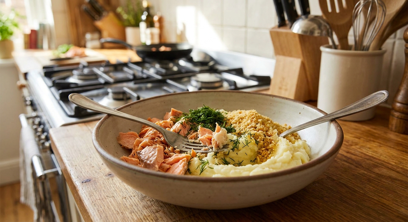 A bowl with flaked salmon, mashed potatoes, herbs, and breadcrumbs being mixed with a fork on a kitchen counter